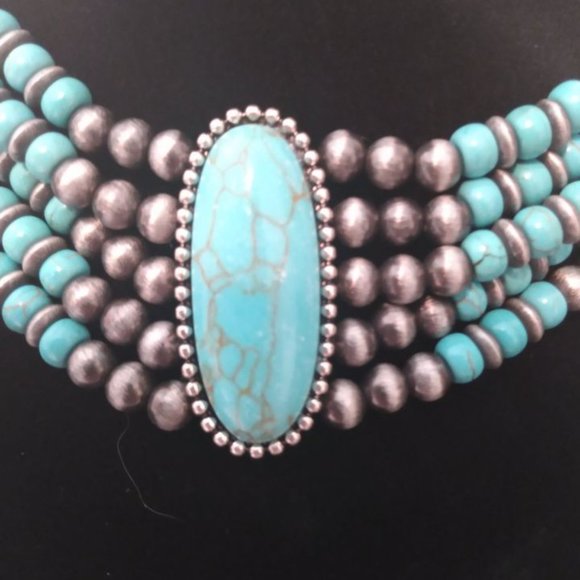 Western Layered Faux Turquoise Beaded Choker Necklace - Picture 3 of 4
